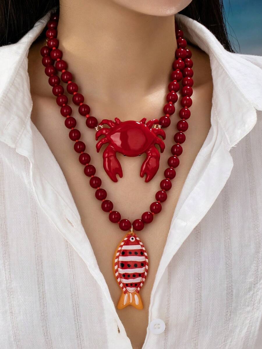 Necklace Pendant - Red Beaded Crab And Fish Pendant
