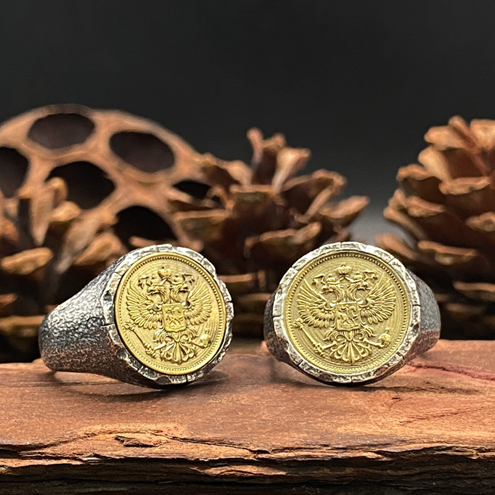 Mens Signet Ring - 925 Sterling Silver Christian Two Head