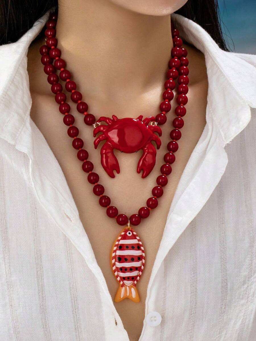 Red Beaded Crab And Fish Penda - Necklace Pendant review and price